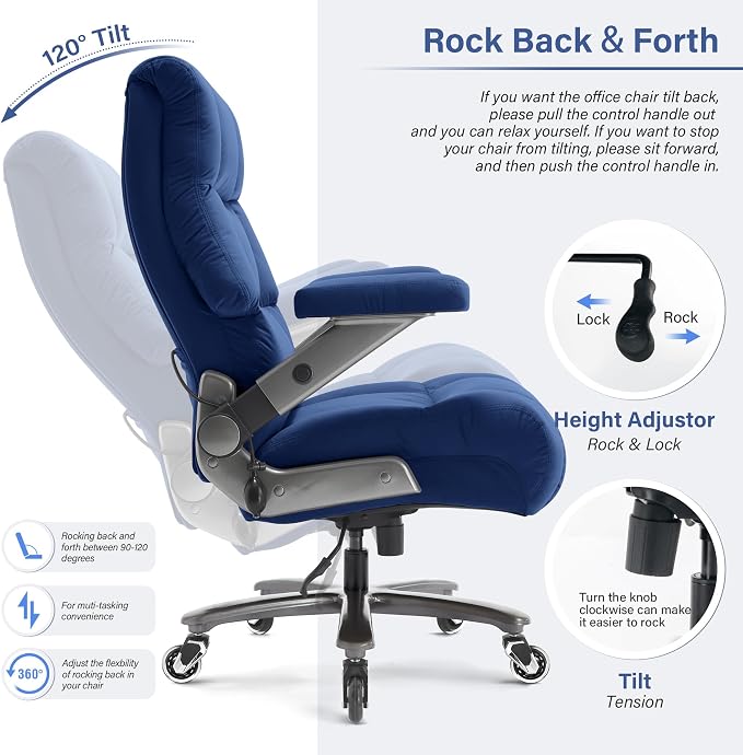 Big and Tall Office Chair 700lbs, Fabric Heavy Duty Executive Desk Chair | 3D Flip Arms, Extra Wide, Upgraded Wheels, Adjustable Lumbar Support, Metal Base, Large Ultra-Soft Ergonomic Computer Chairs