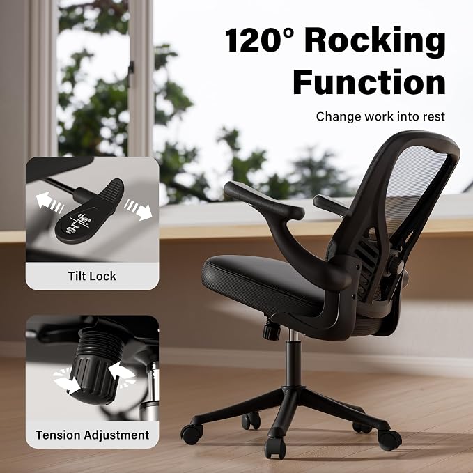 GYI Office Chair Ergonomic, Computer Desk Chair with Mesh Back, Adjustable Lumbar Support, 3D Flip-up Arms, Wheels, Black