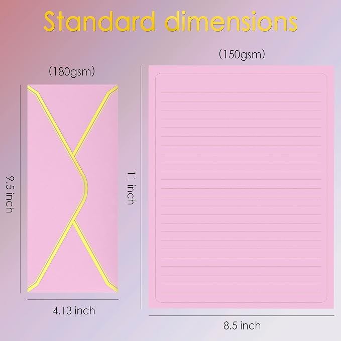 J6&H6 Gold Thread Stationary Paper and Envelopes Set Including 12 Standard Sized Phnom Penh Envelopes and 24 Sheets of Lined Paper Suitable for Daily Emotional Expression Formal Communication(Pink)