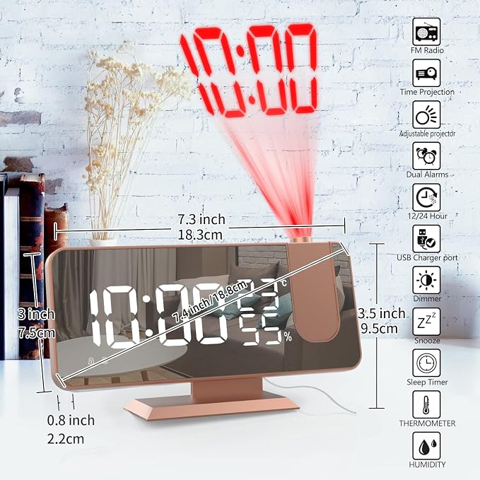 Projection Digital Alarm Clock for Bedrooms, Alarm Clock Radio on Ceiling | USB Charger Port, Temperature & Humidity Display, 7.3” Large Mirror LED Display,12/24H,Snooze,Dual Loud Clock- 4 Dimmer
