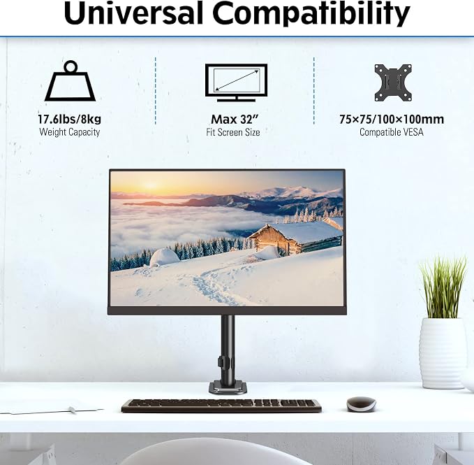 MOUNTUP Single Monitor Mount, Adjustable Monitor Stand for Max 32 Inch Flat Curved Computer Screen, Monitors Arm Desk Mount Fit VESA 75x75& 100x100, up to 17.6lbs, with C-Clamp and Grommet Base, Black