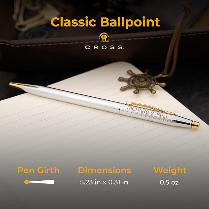 Cross Classic Century Medalist Engraved Ballpoint Pen, Chrome with 23K Gold Trim, Slim Twist-Action, Personalized Gift for Graduation, New Job, Retirement, Career Advancement, Gift Box Included