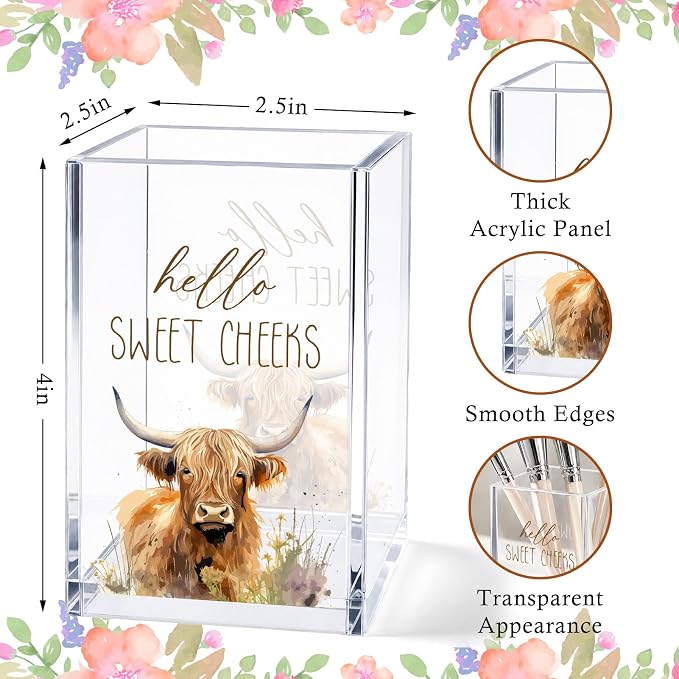 Highland Cow Acrylic Pen Holder Cup, Cute Cow Desk Decor, Pencil Holder Organizer, Farmhouse Office Accessories, Cow Lover Gift for Women