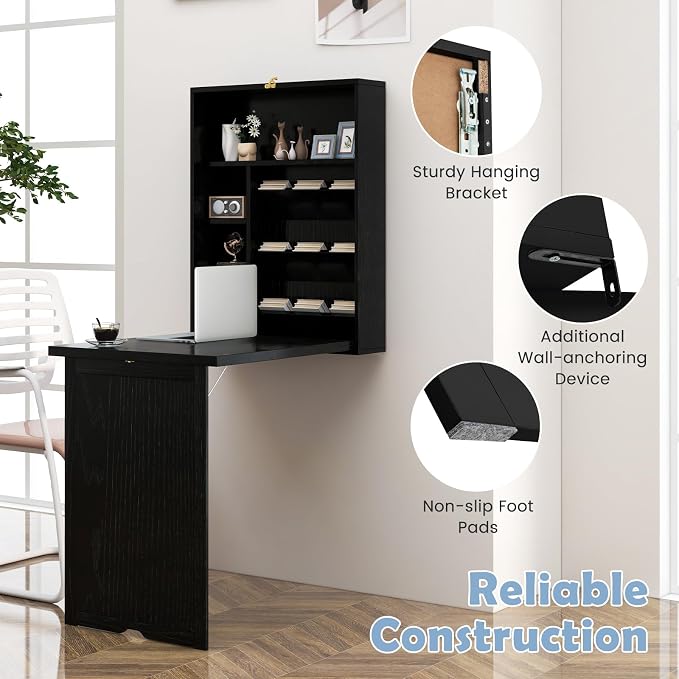 Wall Mounted Desk, Fold Out Convertible Desk with Storage Shelves, Space Saving Wall Folding Table, Home Office Floating Desks for Small Spaces (Black)