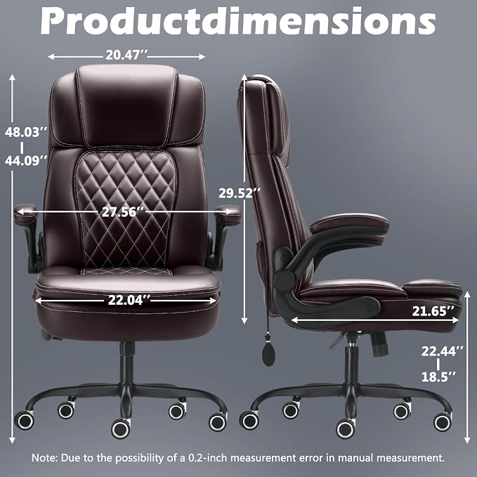 450LBS Big and Tall Executive Office Chair with Flip up Arm,Heavy Duty PU Leather Computer Desk Chair,Comfortable High Back Swivel Home Office Chair with Rolling for Adults,Spring Cushion,Metal Base