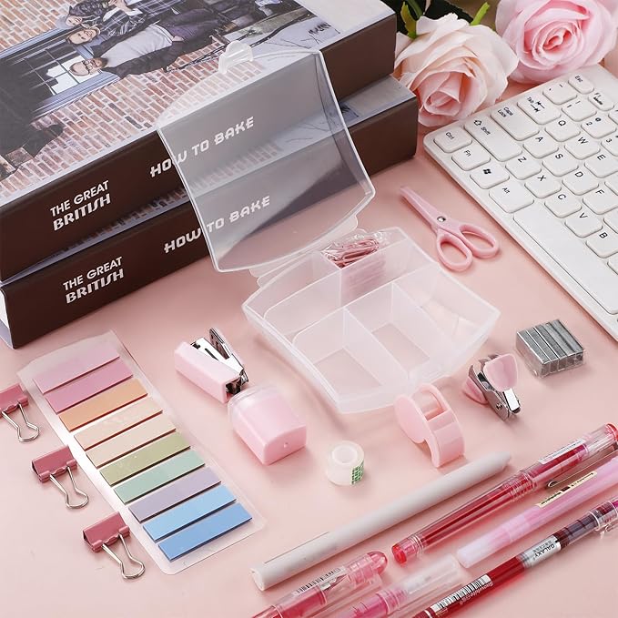 Colarr Mini Office Supply Kit Include Stapler Tape Dispenser Staple Remover Paper Clip Scissor Staple Pen Sharpener Note Small Telescopic Knife for Office Back to School Supplies Student Clerk(Pink)