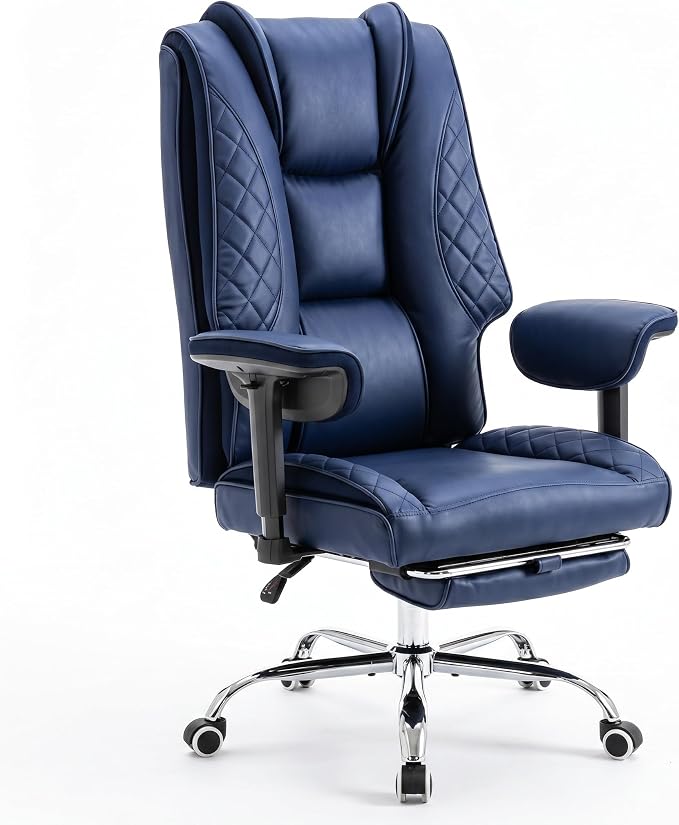 Big and Tall Office Chair，Heavy Duty Wide Executive Office Chair (Blue) | Breathable Leather，Double-layered Backrest，Seat Cushion Designed of Deluxe Embroidery Leather，Foot Rest, Adjustable Armrests