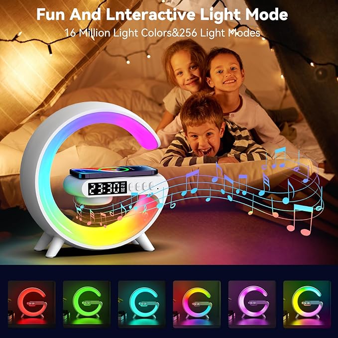 Smart LED Table Lamp, 4-in-1 Wireless Charger Smart Atmosphere Lamp, Night Light, Bluetooth Speaker & Alarm Clock for Bedroom, Office, and Home Decor (Black)