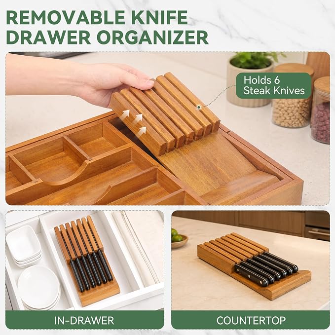 Luxury Teak Expandable Kitchen Drawer Organizer - Cutlery & Utensil Tray | Solid Teak Silverware & Flatware Organizer, 9 Compartments, Removable Knife Block & 2 Adjustable Dividers for Kitchen Cabinet