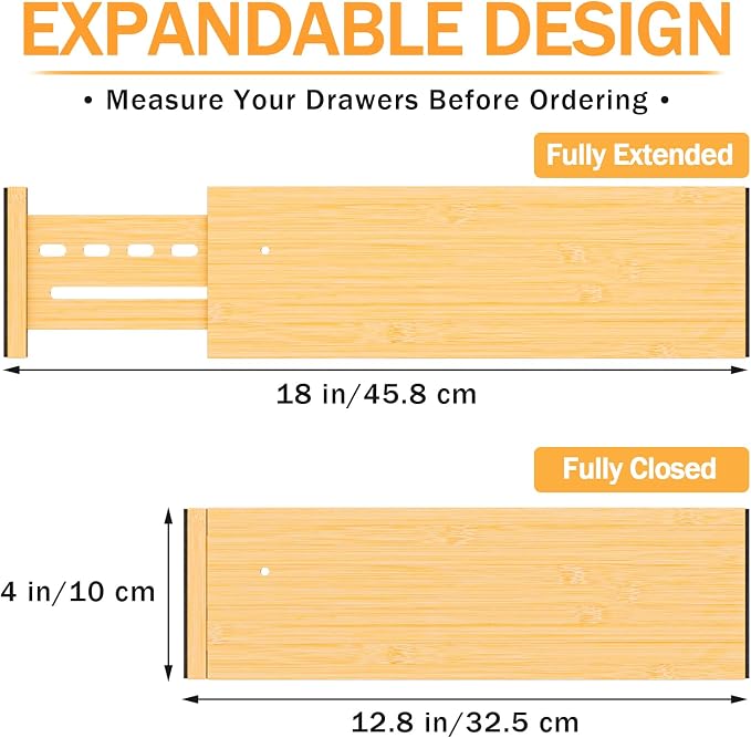 Bamboo Drawer Dividers, 4" High Drawer Organizers for Clothes/Utensils | 12.8-18" Expandable Wooden Drawer Separators for Dresser, Kitchen, Bathroom, Nursery, Office Organization & Storage, 4 Pack