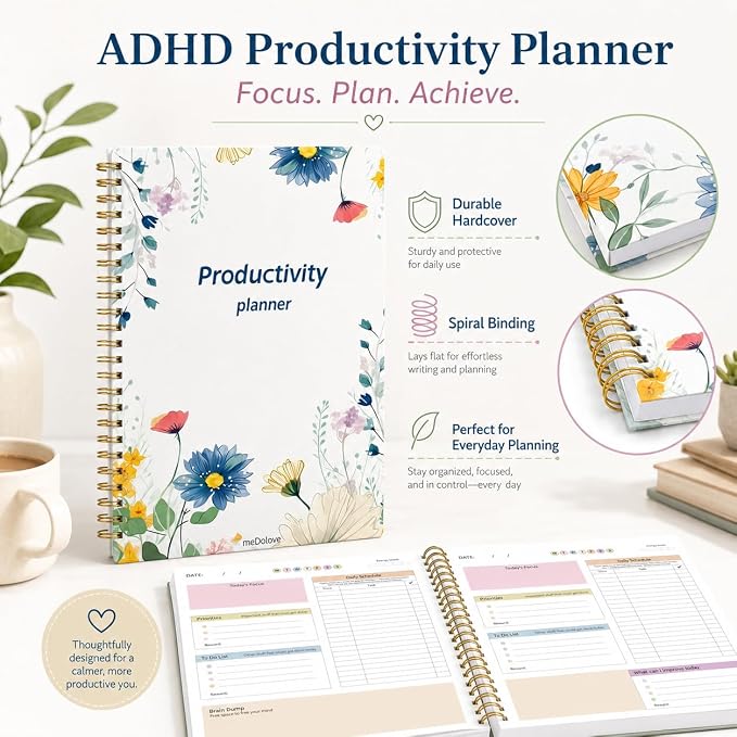 ADHD Daily Planner - Productivity & Undated Task Management Organizer for Neurodivergent Adults, Focused Planner for Men & Women - B5 Colorful Flowers