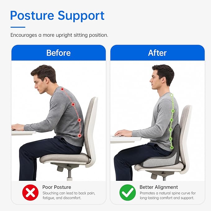 Memory Foam Seat Cushion with Lumbar Back Support, L-Shaped Ergonomic Chair Cushion for Office Chair, Car, Wheelchair, Gaming Seat, Non-Slip Washable Cover, Coccyx Support Pillow