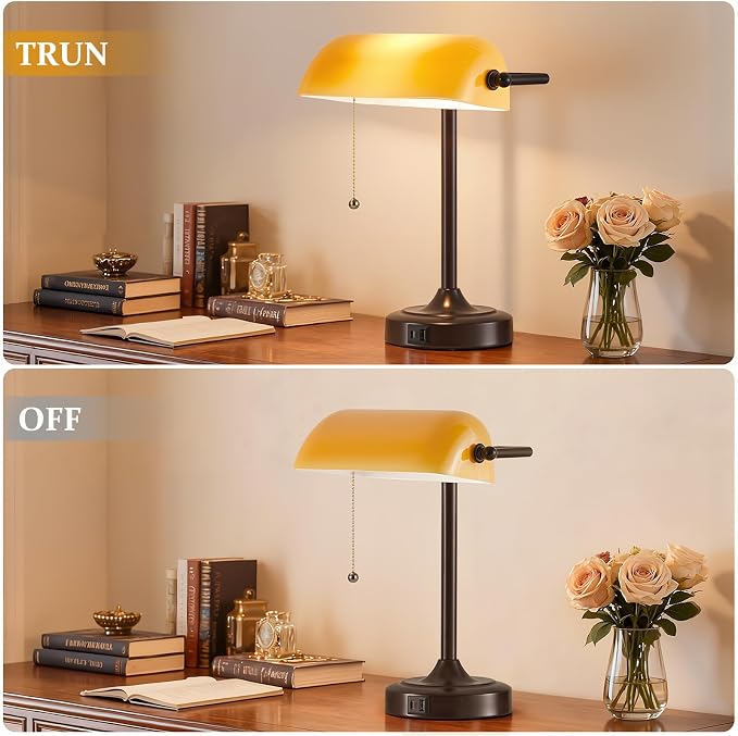 EJIAXIN Vintage Bankers Lamp - Retro Desk Lamp with USB & Type C Charging Ports Traditional Pull Chain Switch Library Table Lamp for Home Office Nightstand Bedroom Side Table Lamp(Amber Glass Shade)