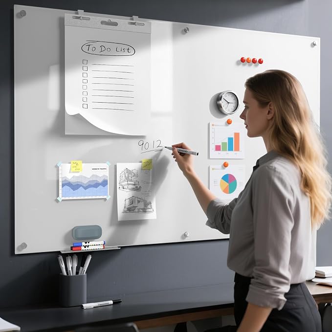 MaxGear Tempered Glass Whiteboard Dry Erase Board 60x40 Inch Ultra White | Magnetic Steel,Frameless Design,Smooth Writing,Ghost Free,Wall Mounted,Accessory Kits,Office Classroom Conference Room Use