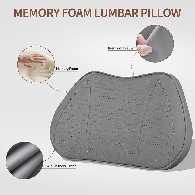 Car Lumbar Support Pillow for Driving Seat, Gray, 1 Pack | Leather Memory Foam Lumbar Cushion for Lower Back Pain Relief, Universal Back Support for Driving, Home & Office Chairs