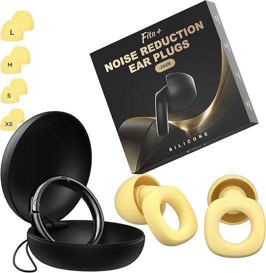 Fita+ Soft Reusable Ear Plugs for Noise Reduction up to 33dB, 4 Pairs XS/S/M/L, Soft Silicone Ear Plugs for Sleeping, Noise Cancelling for Work, Focus - Yellow
