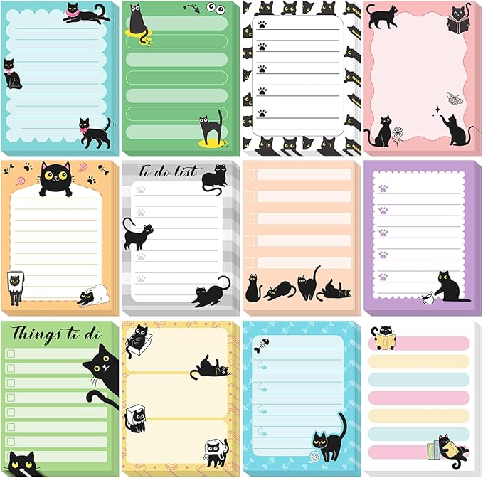 12 Pads Black Cat Sticky Notes 3x4 Inch Cat Notepad Cute Self Stick Notepads Funny Adhesive Memo Pad Office Decor Gifts for Animal Lover Gift Meeting Office Christmas Supplies