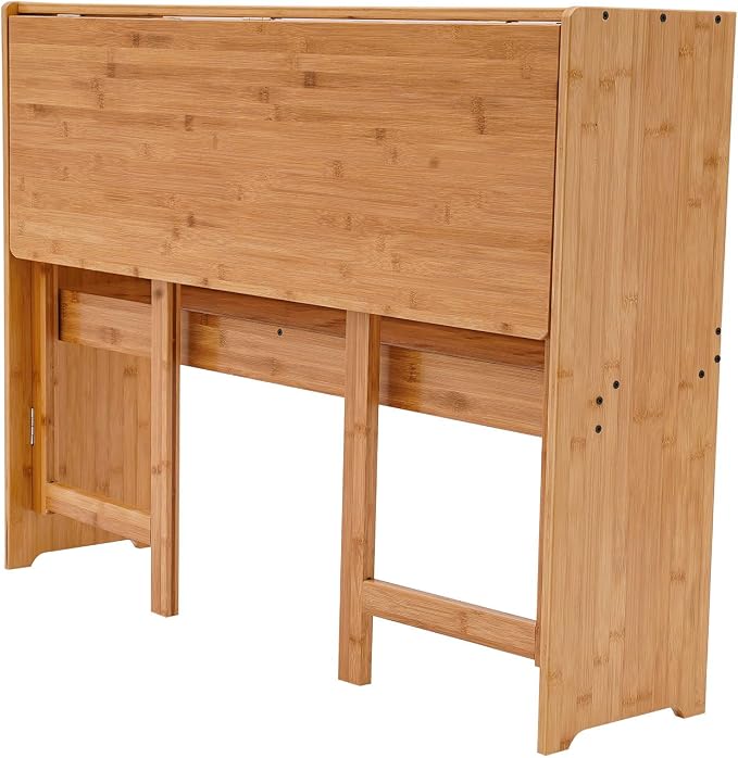 Modern Folding Desk, Small Computer Table Writing Desk Laptop Desk Vanity Table Bamboo Workstation with Bookshelf for Home Office