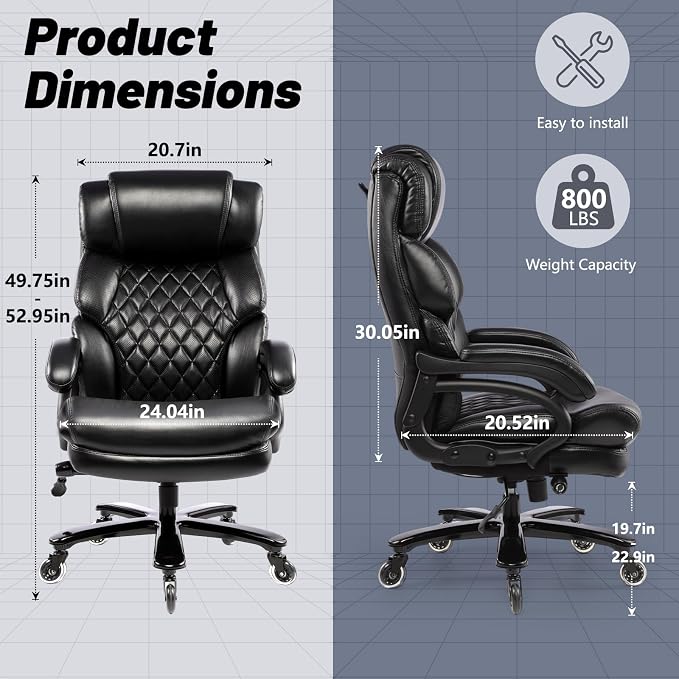 800LBS Big and Tall Office Chair for Heavy People, Heavy Duty Executive Chair with High Back, Extra Wide Seat and Adjustable Lumbar, Large Computer Desk Chair Comfortable for Home Office (Black)