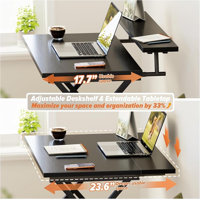 WOHOMO Folding Computer Desk with Adjustable Height, 23.6" x 31.5" x 25.6" Foldable Table with Monitor Stand, Small Office Desk for Bedroom, Space Saving Desk for Home Office, Easy Assemble, Black