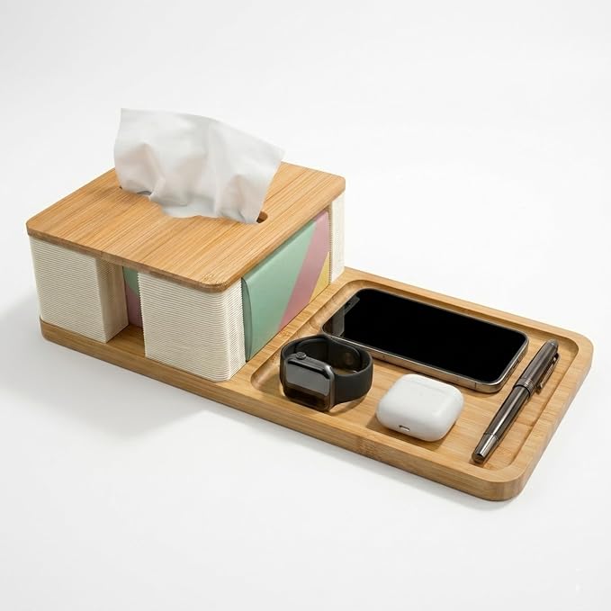 Bamboo Tissue Box Holder with Organizer Tray for Desk, Nightstand, Home | Decorative rectangle tissue box cover for nightstand, office desk, living room and bedside table, fits standard boxes