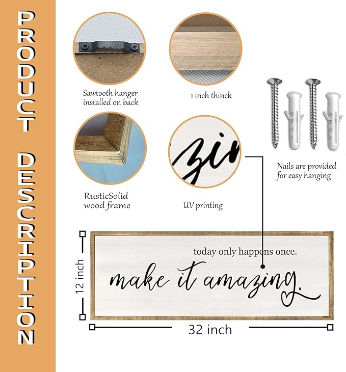 RLWangChao Today Only Happens Once Make It Amazing Wall Art Decor 32x12 Inch Large Inspirational Quote Sign Rustic Living Room Vintage Wood Frame Office Motivational Home Wall Hanging (Wood)