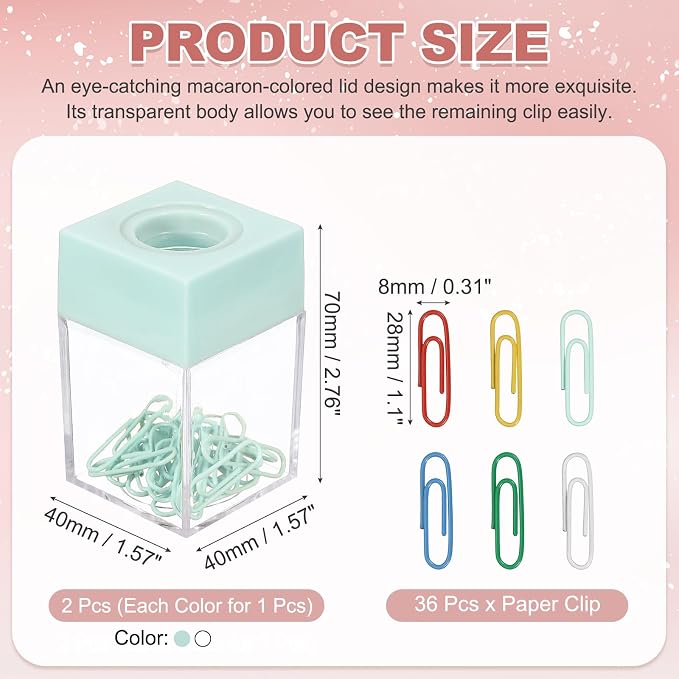 PATIKIL Magnetic Paper Clip Holder Dispenser, 2Pcs Large Capacity Paper Clip Organizers with Magnetic Top for Desk Supplies, Office, Classroom, Home, Green/White(36Pcs, Multicolor Clip)