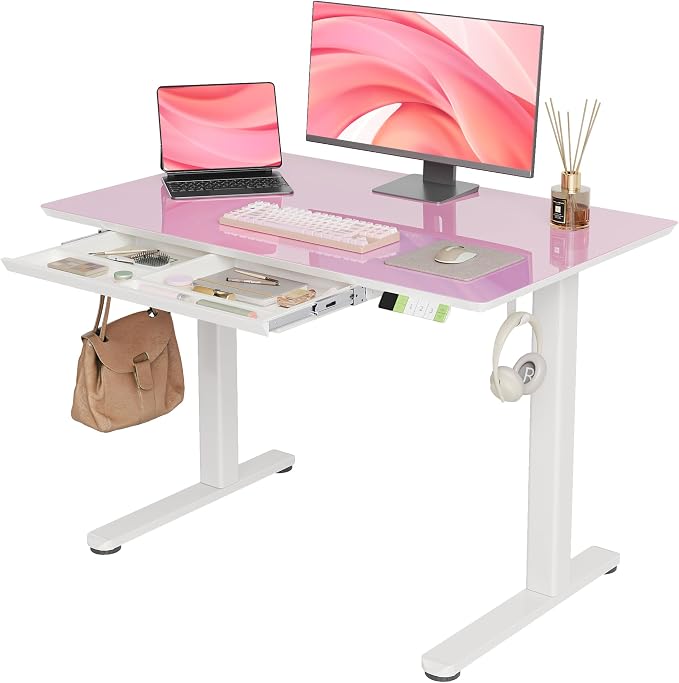 INNOVAR 40×24 Inch Morandi Powder Glass Standing Desk with Drawers | Tempered Glass Top, Ergonomic, Adjustable Height, Stand Up Desk,4 Memory Presets