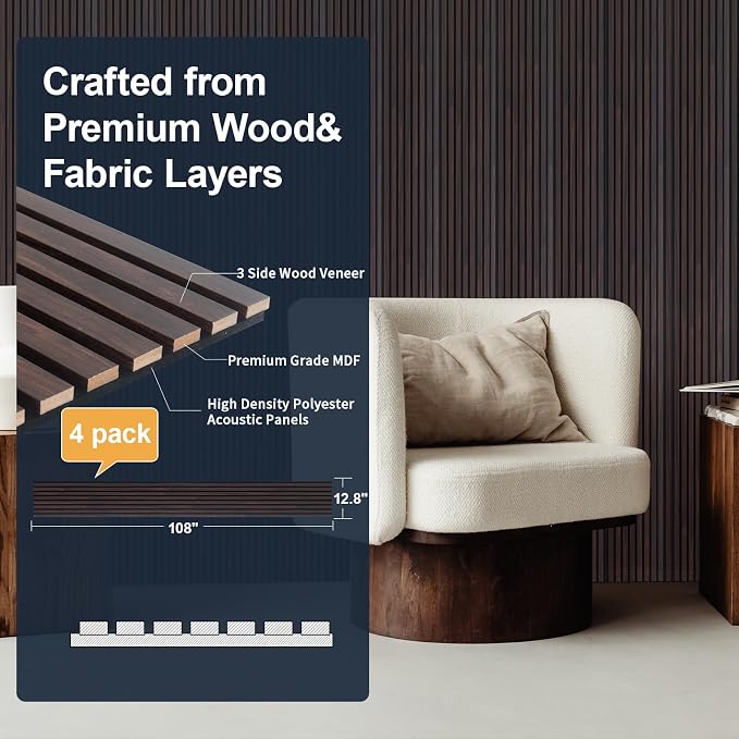 NeatiEase Wood Panels for Wall, 4-Piece 108" x 12.6" Soundproof Wood Slat Wall Panel for Interior Wall Decor Noise Cancelling, Acoustic Wall Panels, Sound Absorbing Panel (Dark Walnut)