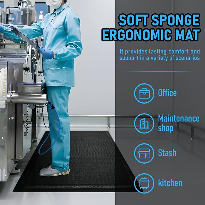 2x6 FT Anti Fatigue Mats 15/16 Inch Thick Soft Sponge Ergonomic Mat | Industrial Durable Heavy Duty Diamond Plate for Standing Non Slip Industrial Grade Floor Mat for Leg & Back Pain(Black)