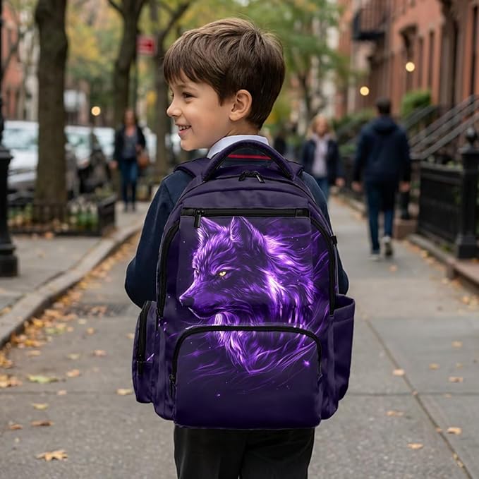 Wolf Backpack with Lunch Box Kids Cool Bookbag Set of 4 Lightweight 4th Grade Backpack for Boys Back to School Supplies with Front Pocket 17 inch School Bag Set for Boys 8