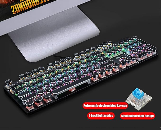 Typewriter Style Mechanical Gaming Keyboard LED Backlit Wired with Blue Switch Retro Round Keycap 104 Keys Keyboard (Black 104 Keys LED)