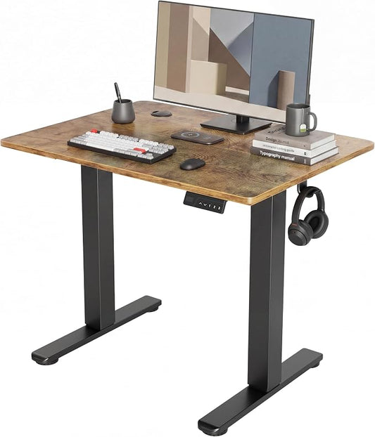 Claiks Electric Small Standing Desk, 32x19 Inch, Rustic Brown | Adjustable height for sit-stand, 156lbs capacity, scratch-resistant surface, 3 memory presets, cable management & hook.