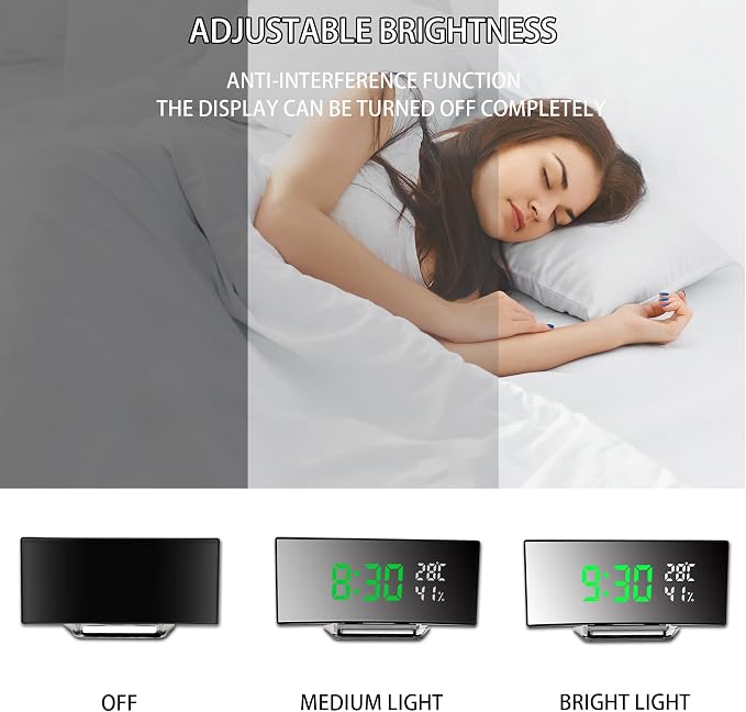 Digital Alarm Clock, LED Alarm Clock with Large Curved Screen, 3 Levels Brightness, 2 Alarms, Snooze, Bedside Clock with Temperature and Humidity Display, USB Power Supply (G&W)