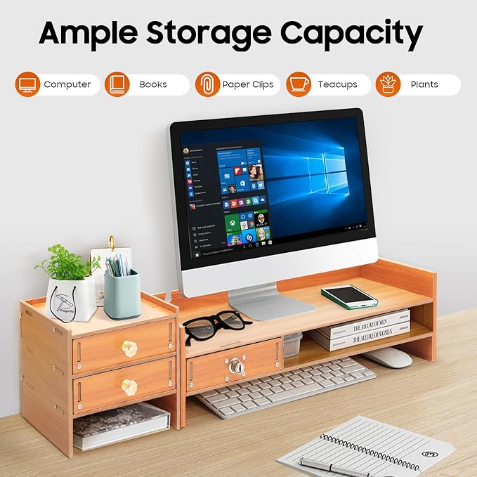 Wood Monitor Stand With Drawers,Desk Organizer With Lockable Drawer & Phone Holder, Computer Monitor Riser Stand With Storage Shelf,Multi-Purpose Desktop Storage Stand For Computer, Laptop, Printer