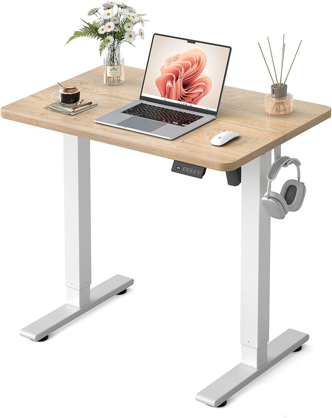 FEZIBO Small Standing Desk, 32 × 19 Inches Electric Height Adjustable, Sit and Stand Up, Computer Office Desk with Splice Board, White Frame/Maple Top