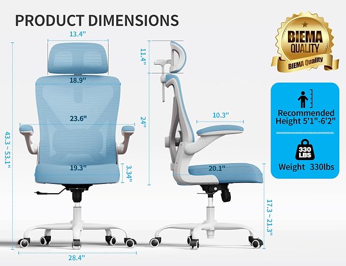 Ergonomic Office Chair: Mesh Desk Chair Comfy with Headrest& Lumbar Support | Ergalithic Big and Tall Office Chairs with Wheels & Flip-Up Arms-Computer Gaming Chairs for Adults Home Office Chairs(Blue)