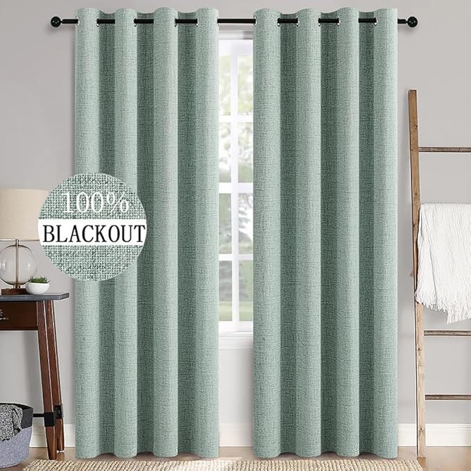 MIULEE Linen Texture Curtains for Bedroom Solid 100% Blackout Thermal Insulated Seafoam Green Curtains Grommet Room Darkening Drapes for Living Room 52x72 Inch (2 Panels)