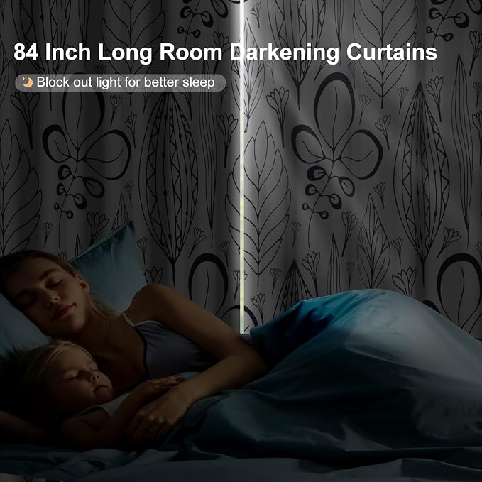 White and Brown Blackout Curtains 84 Inch Length 2 Panels Set, Printed Thermal Insulated Drapes Noise Reduction Room Darkening Grommet Blackout Curtains for Bedroom Living Room Window Treatments