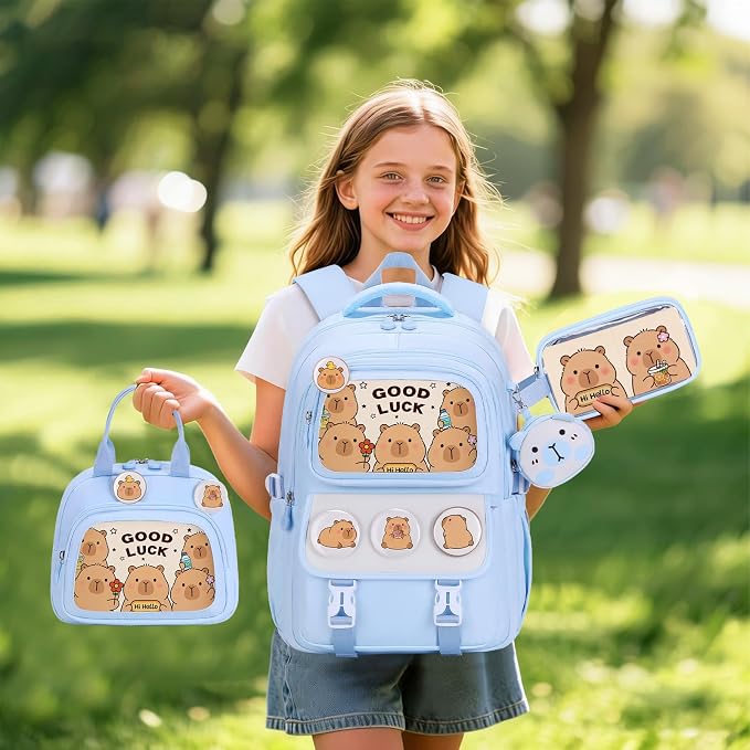 Capybara Backpack for School Girls, 30PCS Capybara Gifts School Supplies Stationery Set with Lunch Box Pencil Case Pens Pencils Notebook Cartoon for Kindergarten Elementary Student(Blue)