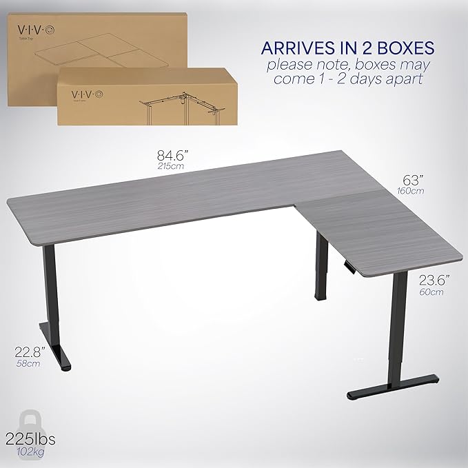 VIVO Corner Standing Desk, 84 x 63 inch Reversible L-Shaped Workstation, Electric Height Adjustment, Home, Office, and Reception Rooms, Dark Gray Table Top Black Frame, DESK-E3CTBG-84
