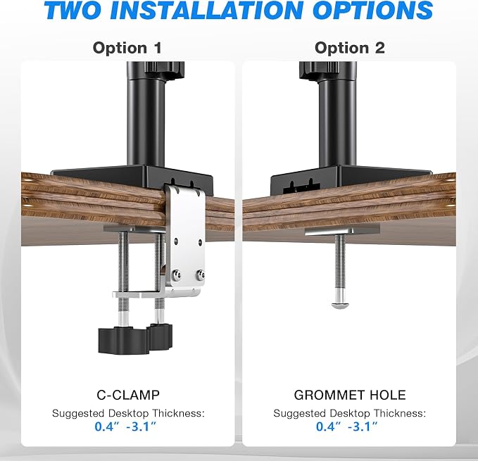 Triple Monitor Mount for 17-32" Screens, VESA 75/100mm | Holds up to 19.8lbs per Arm. Full Motion Tilt, Swivel, 360 Rotation, Extra Tall Pole, C-clamp/Grommet Base.
