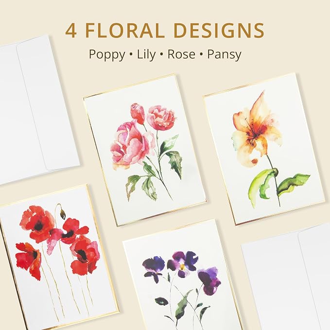 Graphique Watercolor Flowers Greeting Cards | 20 Pack | All Occasion Blank Note Cards with Envelopes | 4 Assorted Floral Designs with Gold Foil Borders | Boxed Set for Personalized Notes | 4.25" x 6"