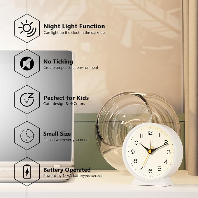 AYRELY® 4.5" Analog Alarm Clock, Small Retro Desk Clock and Table Clock | Battery Operated, Silent Metal Table Clock with Light for Living Room Decor, Bedroom, Bedside and Shelf