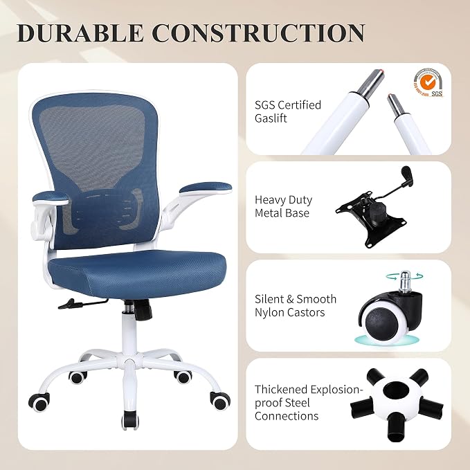 Flysky Mesh Office Chair, Ergonomic Computer Desk Chairs for Home Office - with Comfy/Comfortable Flip-up Arm Rests, Lumbar Support, Height Adjustable, 360 Degree Rolling Swivel (Blue)