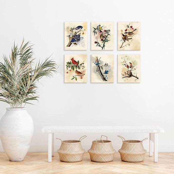 CHDITB Vintage Bird Framed Canvas Wall Art, Spring Birds Illustration, Nature Wildlife Wall Decor, Botanical Bird Poster, Retro Watercolor Art Prints For Living Room Bedroom Kitchen Decor 8”X10”x6