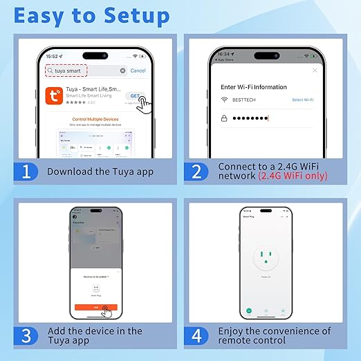 WiFi Smart Outlet Plug with Remote,GreenCycle 4 Electric Smart Plug with Remote,Compatible with Alexa and Google Home via Tuya,15A/1500W，Remote Control from Anywhere,TUV FCC List(2.4G)