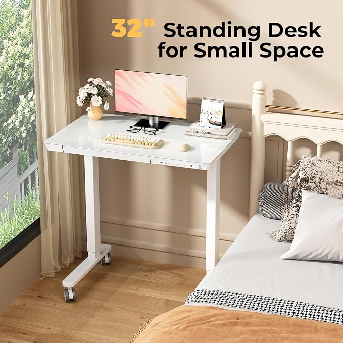 Glass Electric Standing Desk with Drawer, 31.5" x 20" Whole Piece Small Sit Stand Table, Height Adjustable Desk with Storage & USB Ports, Quick Install Home Office Computer Desk, White