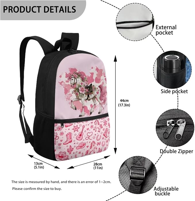 WELLFLYHOM Kids Western Horse School Backpack Elementary Book Bag for Girls | Cowgirl Pink Back Pack with Lunch Bag Pencil Case Water Bottle Cover Kids Daycare Bag Gift for Back to School Season