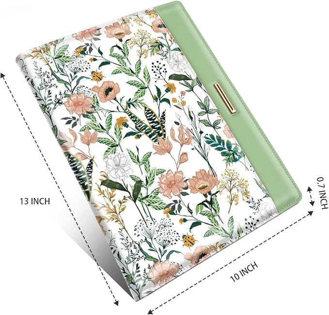 Padfolio/Resume Portfolio Folder for Women, WAVEYU Cute Flower Padfolio Cover Folder, Conference/Legal Document Organizer with Letter/A4 Size Clipboard, Document Sleeve, Green